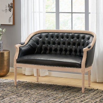 Black PU Button Tufted Loveseat with Turned Legs for Living Room