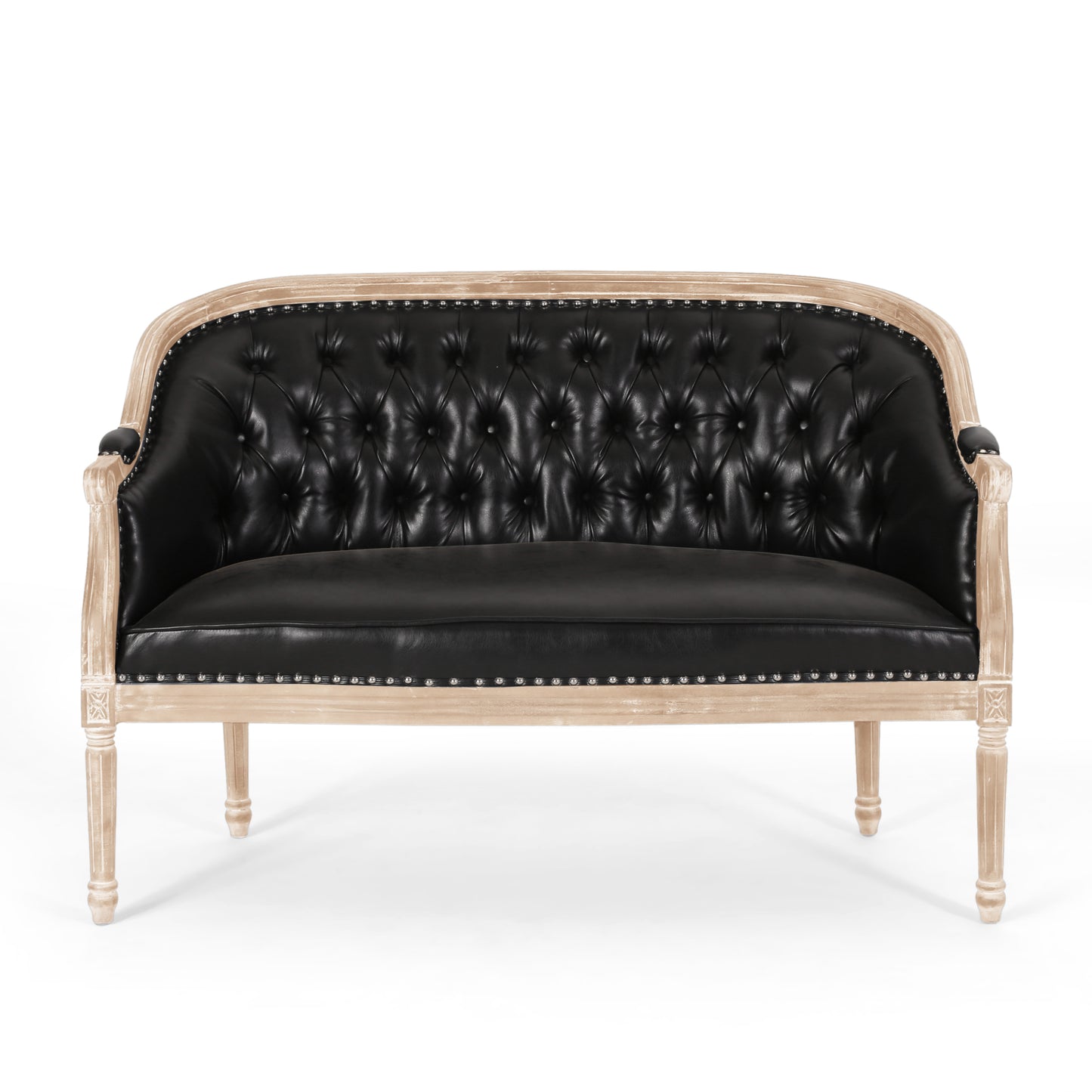 Black PU Button Tufted Loveseat with Turned Legs for Living Room