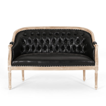 Black PU Button Tufted Loveseat with Turned Legs for Living Room