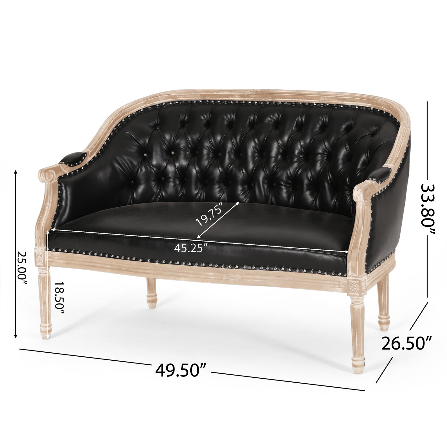 Black PU Button Tufted Loveseat with Turned Legs for Living Room