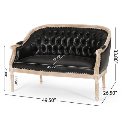 Black PU Button Tufted Loveseat with Turned Legs for Living Room