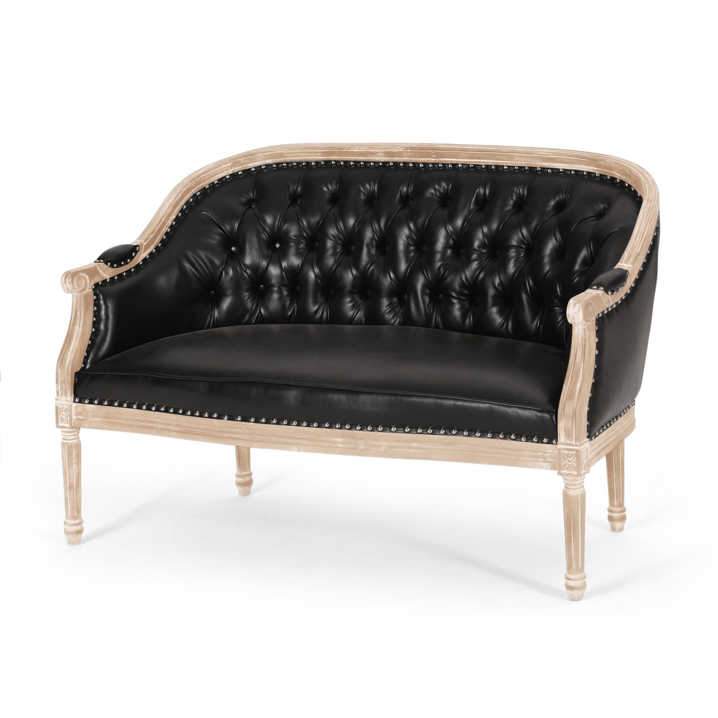 Black PU Button Tufted Loveseat with Turned Legs for Living Room