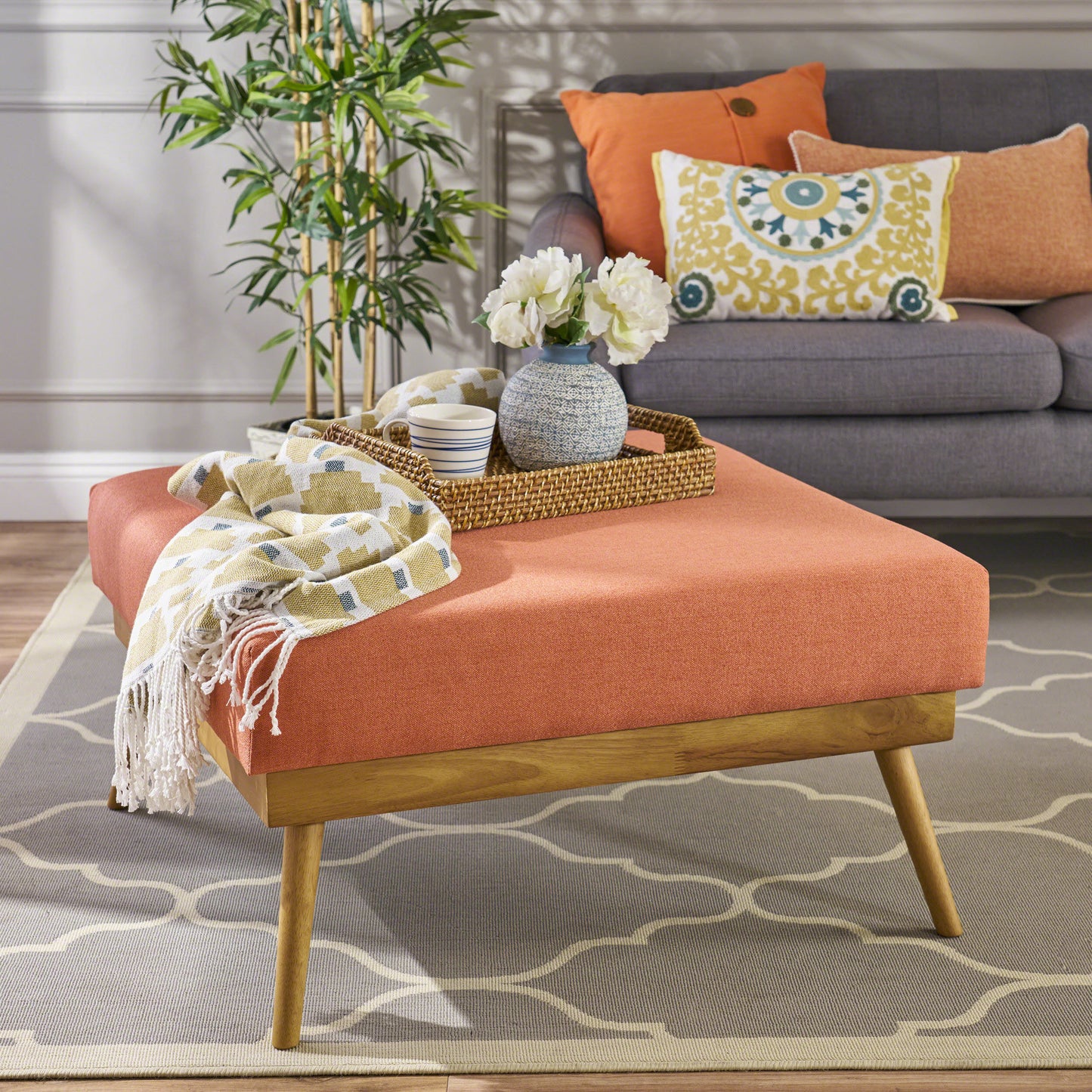 33" Large Square Ottoman Coffee Table, Upholstered Footrest Ottoman with Wood Farmhouse, for Living Room
