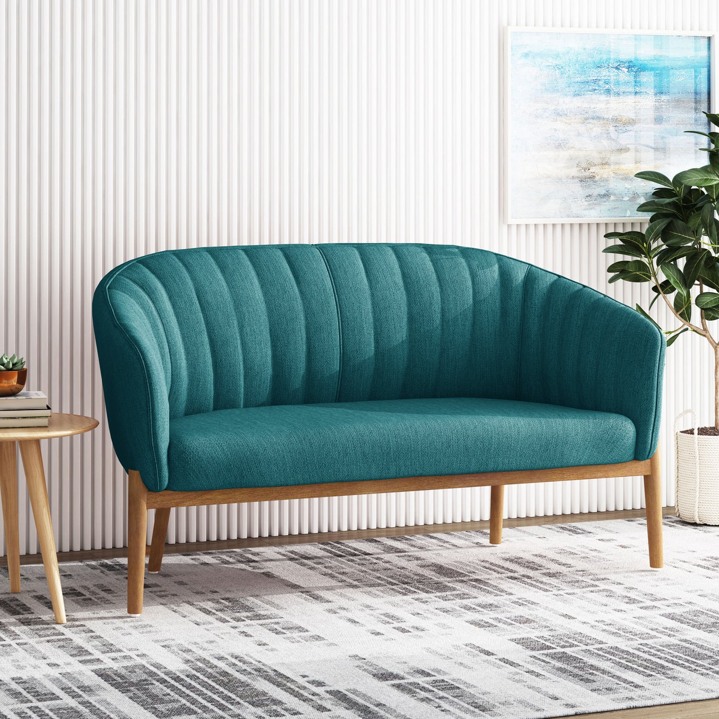 Teal Fabric Loveseat - Cozy Mid-Century Style