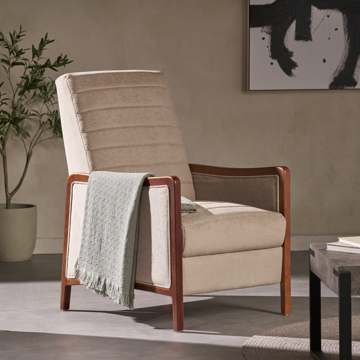 Sand Fabric Mid-Century Recliner - 26" W x 34.5" D for Living Room