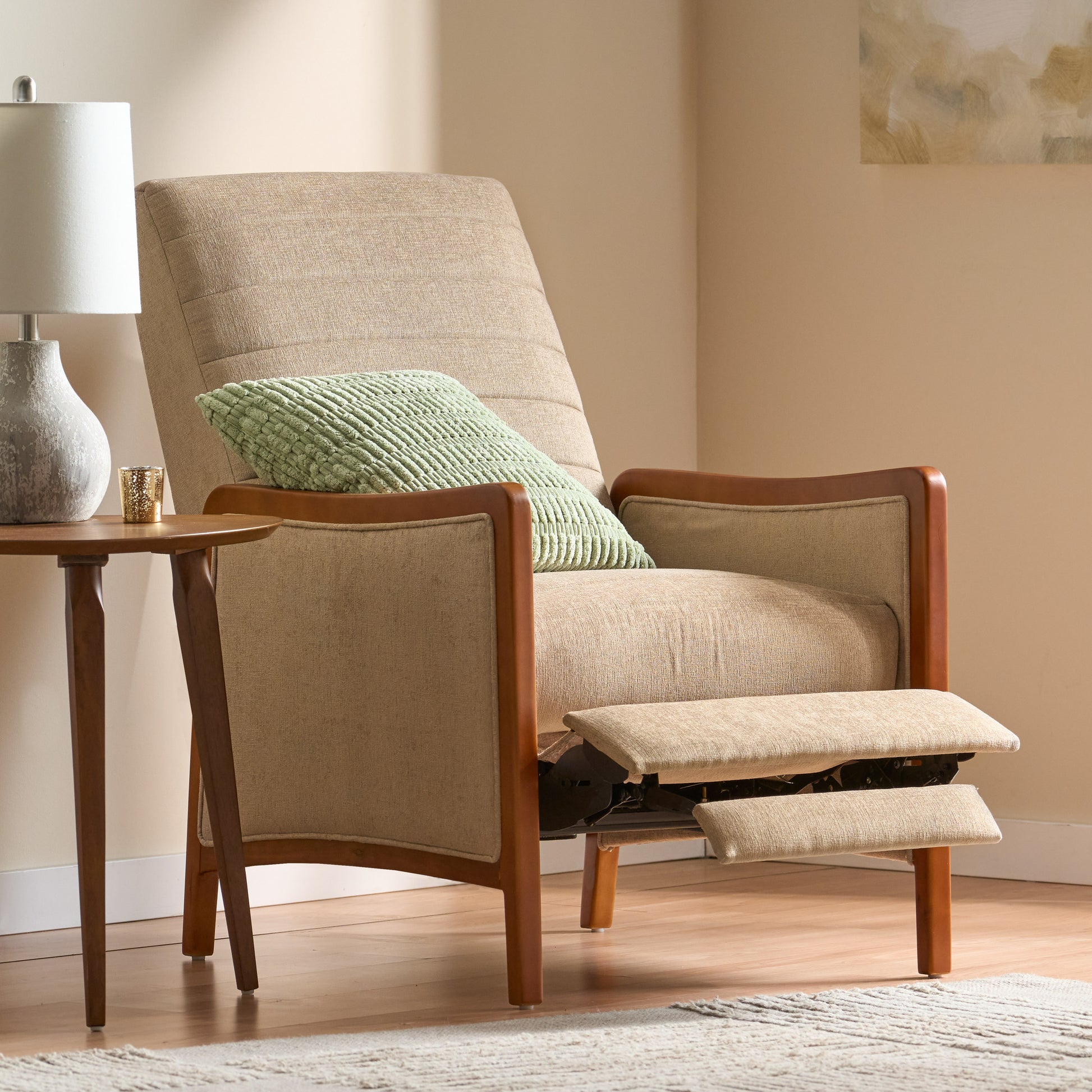 Sand Fabric Mid-Century Recliner - 26" W x 34.5" D for Living Room