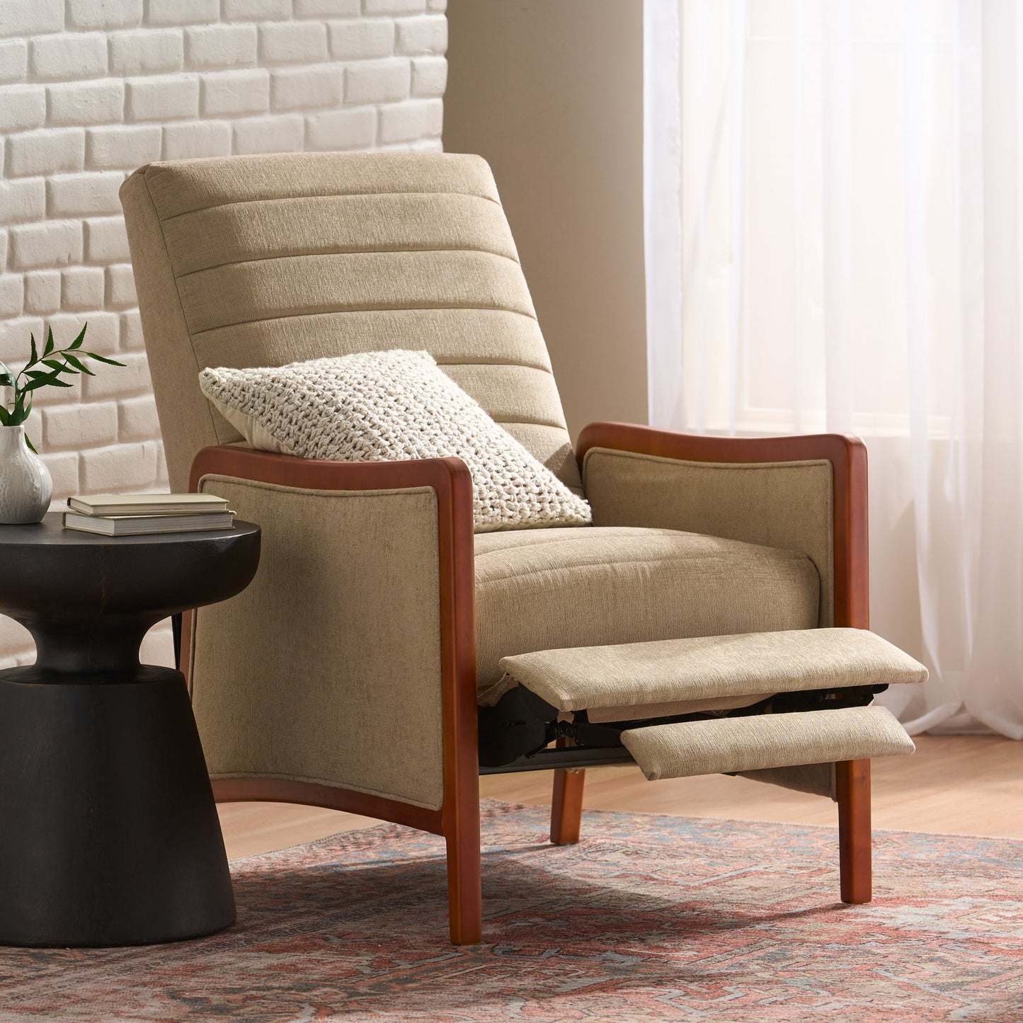 Sand Fabric Mid-Century Recliner - 26" W x 34.5" D for Living Room