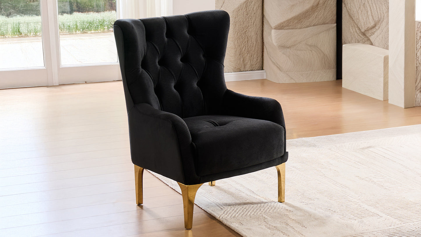 Lippa Upholstered Accent Chair in Black Fabric with Gold Stainless Steel Legs, Foam Cushioning and Sturdy Wood Frame