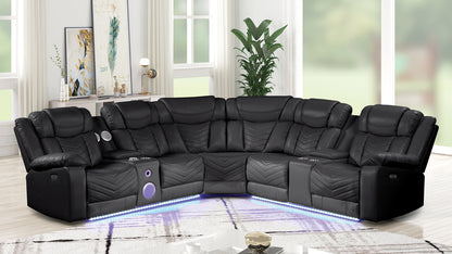 CHALLENGER Modern Style Recliner Sectional Sofa, Built in USB-C Ports & Bluetooth, made with Wood & Faux Leather in Black