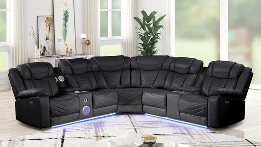CHALLENGER Modern Style Recliner Sectional Sofa, Built in USB-C Ports & Bluetooth, made with Wood & Faux Leather in Black