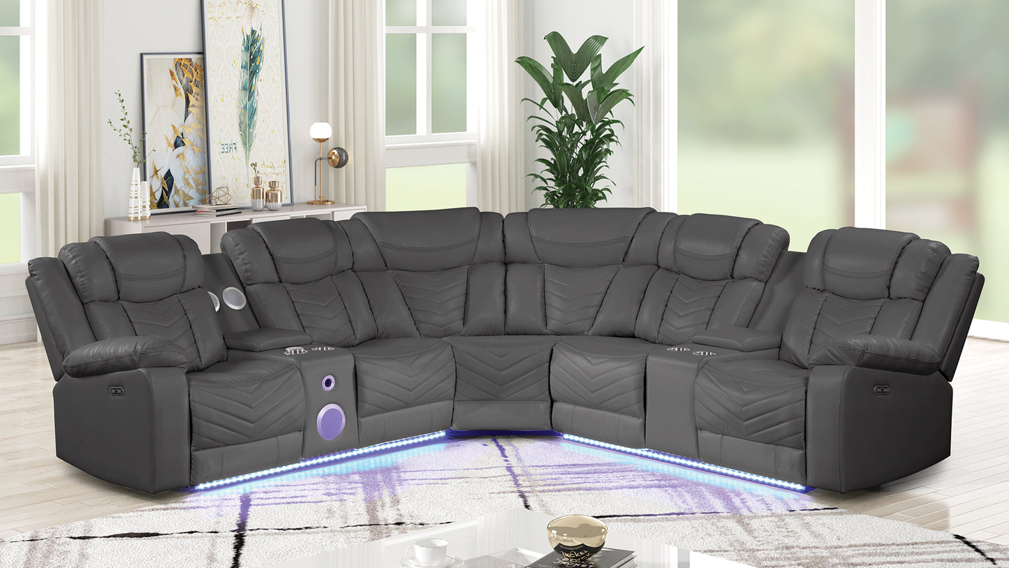 Challenger Modern Style Recliner Sectional Sofa, Built in USB-C Ports & Bluetooth, made with Wood & Faux Leather in Gray