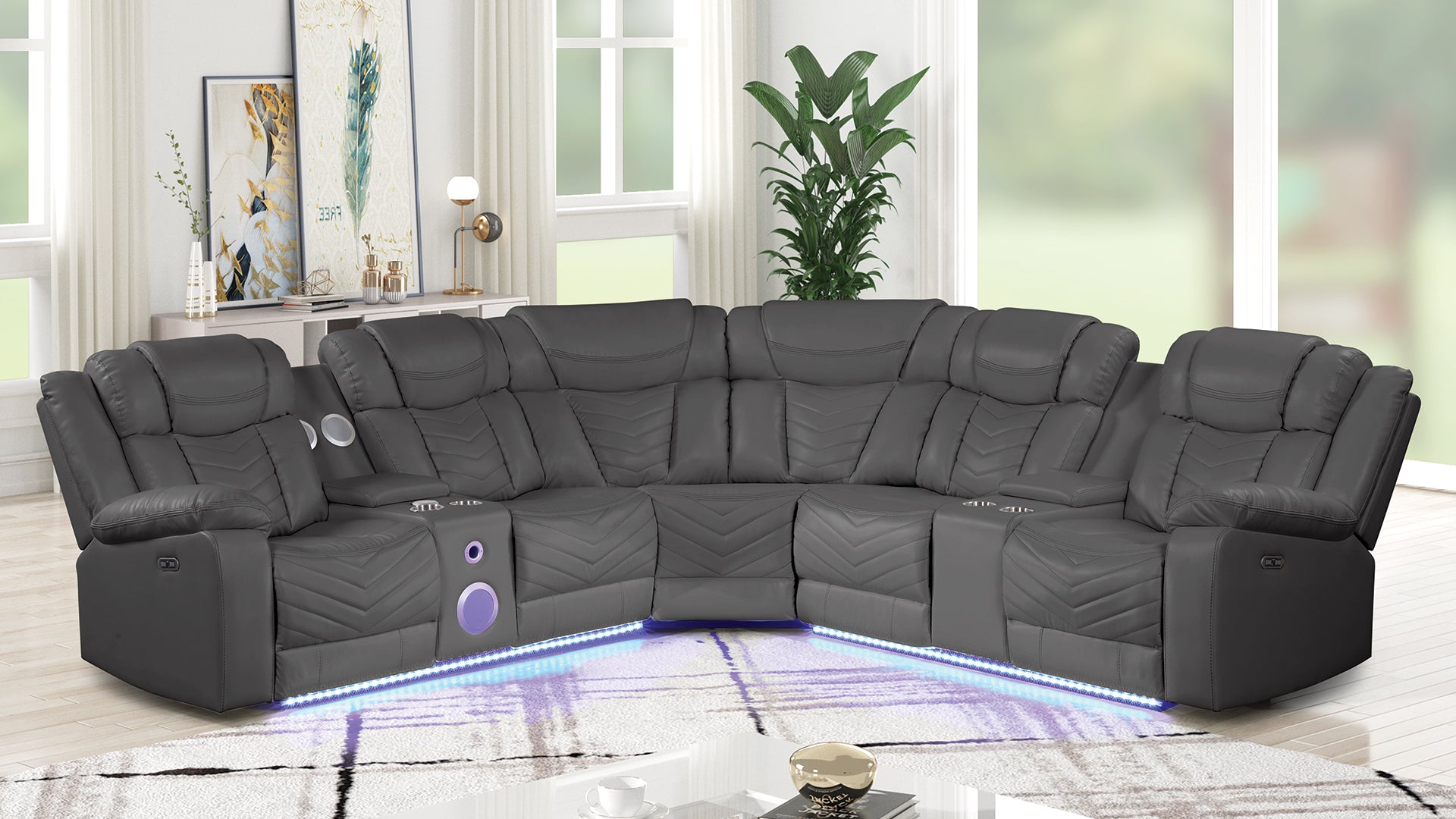 Challenger Modern Style Recliner Sectional Sofa, Built in USB-C Ports & Bluetooth, made with Wood & Faux Leather in Gray