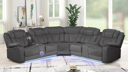 Challenger Modern Style Recliner Sectional Sofa, Built in USB-C Ports & Bluetooth, made with Wood & Faux Leather in Gray