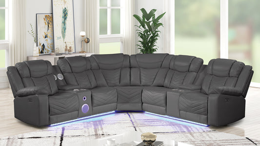 Challenger Modern Style Recliner Sectional Sofa, Built in USB-C Ports & Bluetooth, made with Wood & Faux Leather in Gray