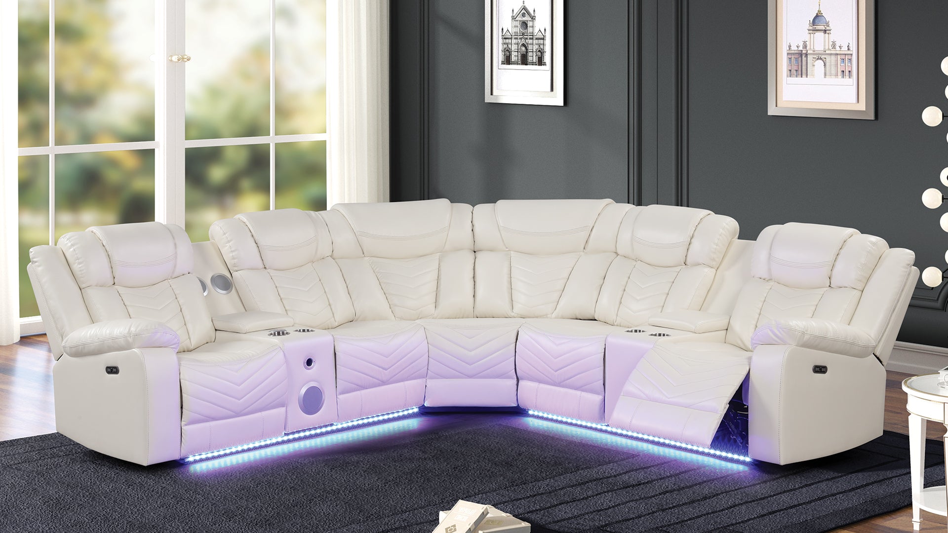 Challenger Modern Style Recliner Sectional Sofa, Built in USB-C Ports & Bluetooth, made with Wood & Faux Leather in Ice