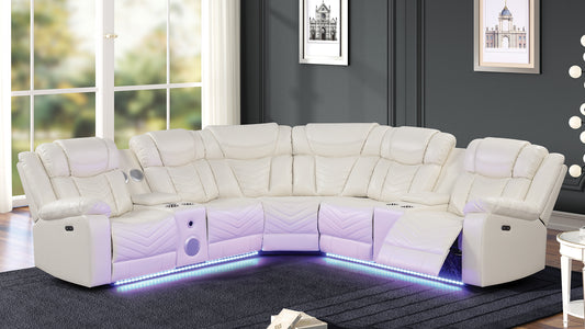 Challenger Modern Style Recliner Sectional Sofa, Built in USB-C Ports & Bluetooth, made with Wood & Faux Leather in Ice