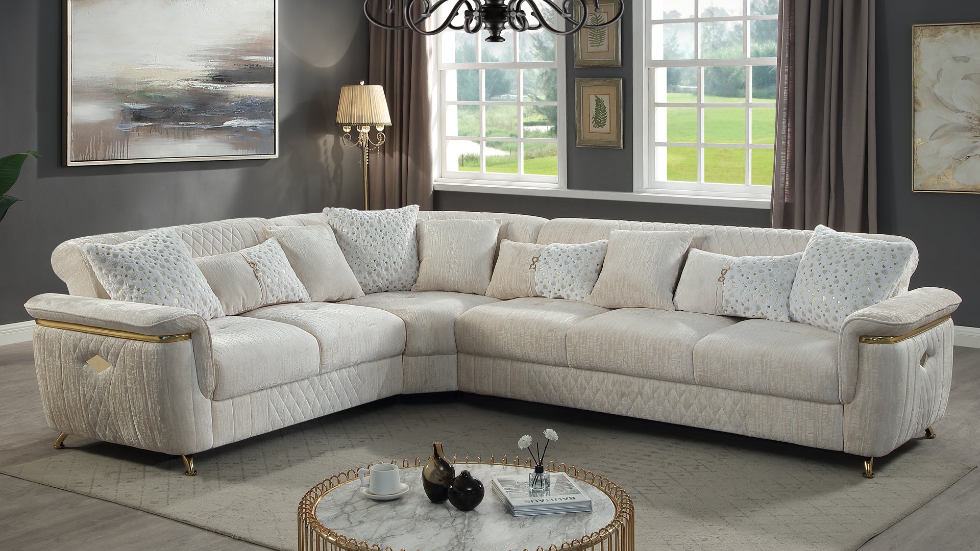 ARGO Contemporary style Reversible Sectional made with Wood Frame and Stainless Steel Base in Beige