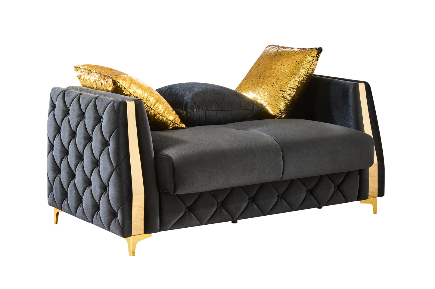 Lippa Upholstered Loveseat in Black Fabric with Gold Stainless Steel Legs, Foam Cushioning and Sturdy Wood Frame