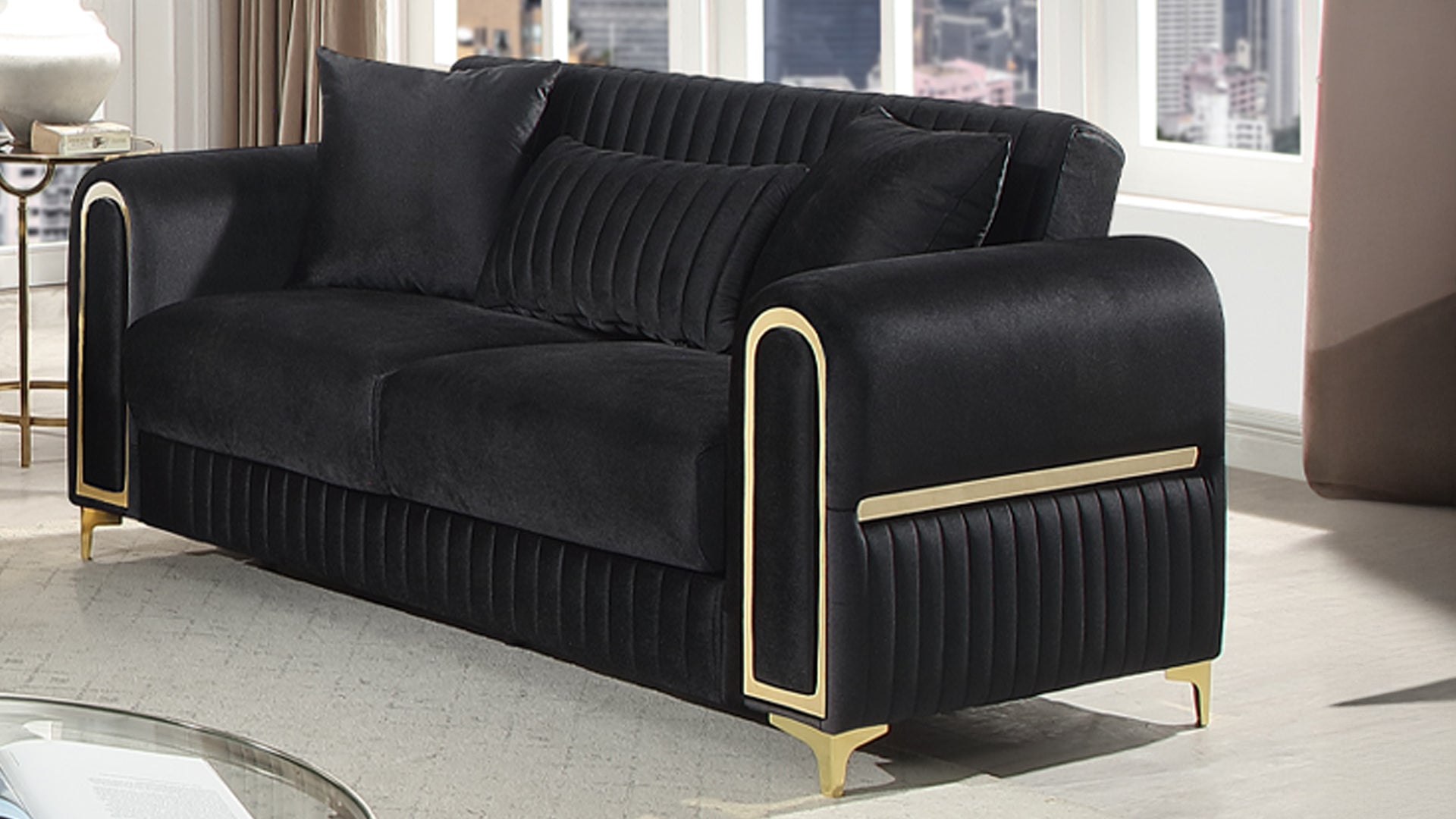Ruby Modern Upholstered Loveseat in Black with Solid Birch Wood Frame, Pocket Coil Seating and Gold Stainless Steel Legs