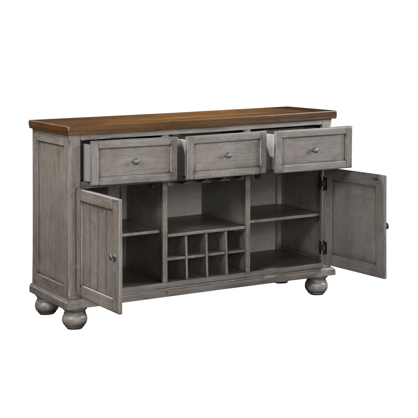 Gray Acacia Wood Server with Wine Rack - 3 Drawers, Storage Cabinet