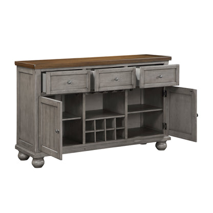 Gray Acacia Wood Server with Wine Rack - 3 Drawers, Storage Cabinet