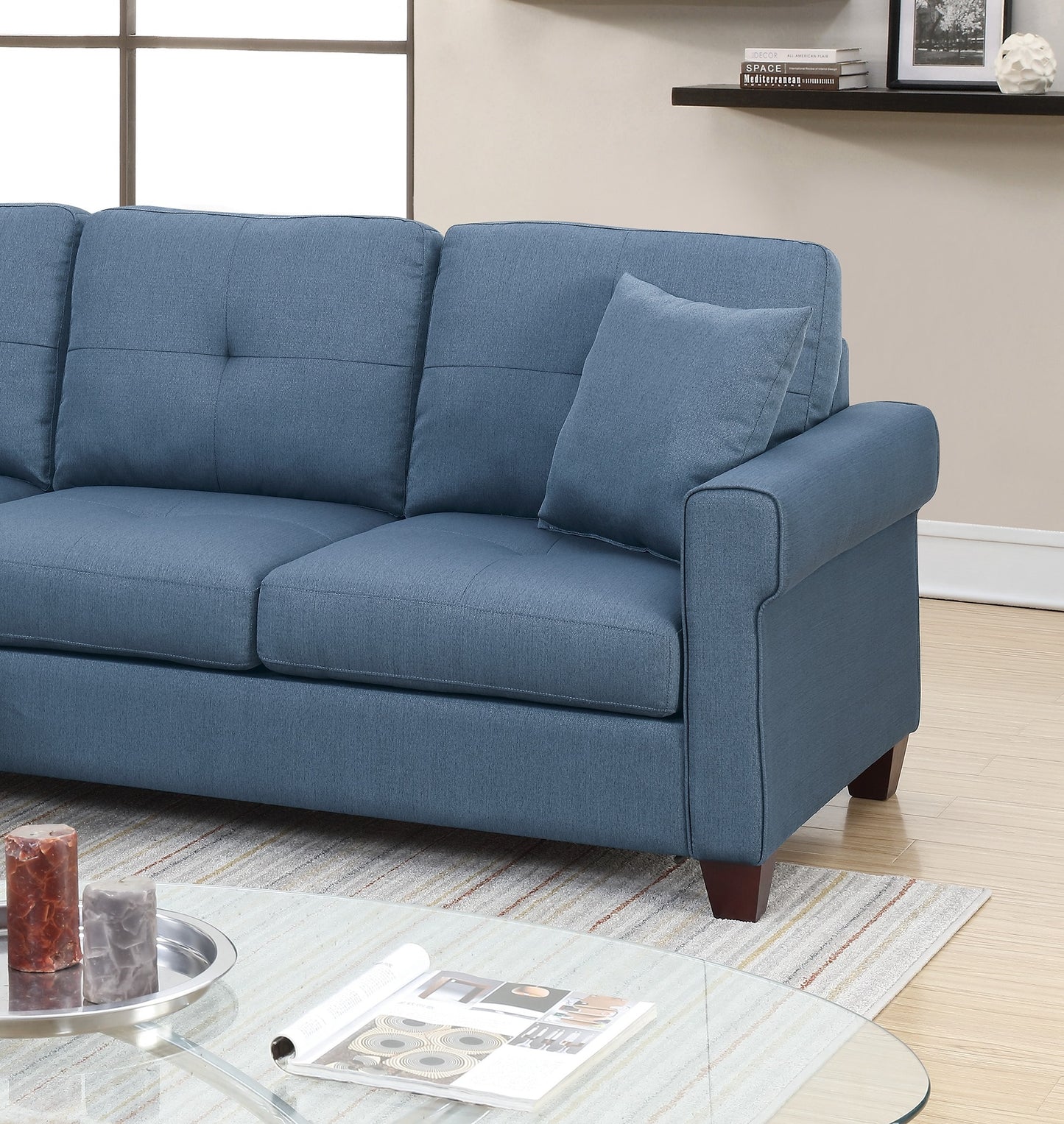 Blue L-Shaped Sectional Sofa - 86" Pine Wood for Living Room