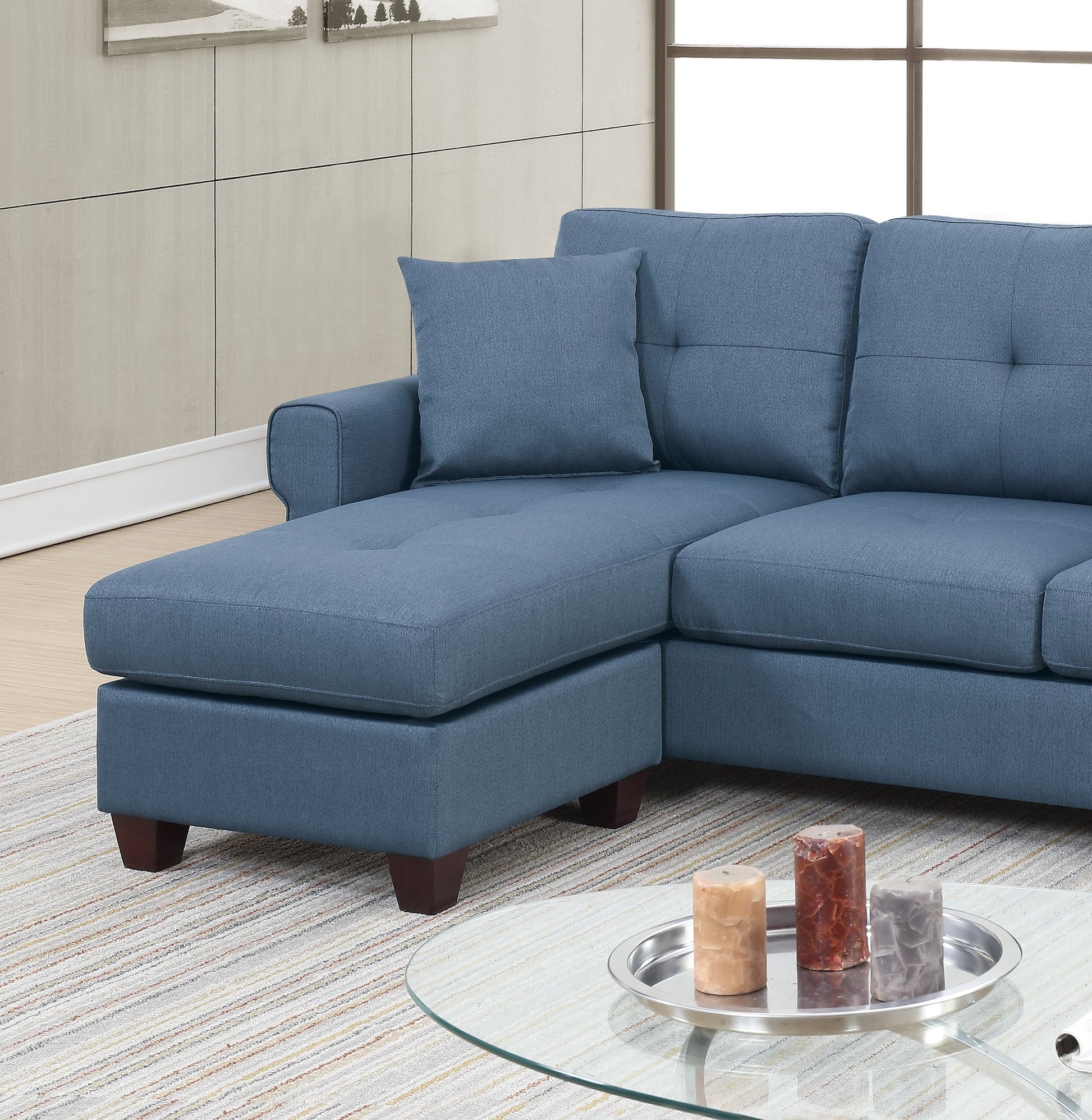 Blue L-Shaped Sectional Sofa - 86" Pine Wood for Living Room