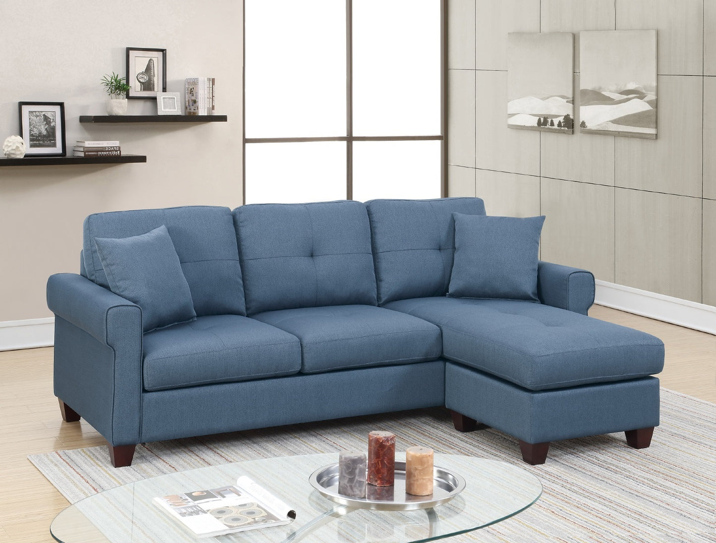 Blue L-Shaped Sectional Sofa - 86" Pine Wood for Living Room