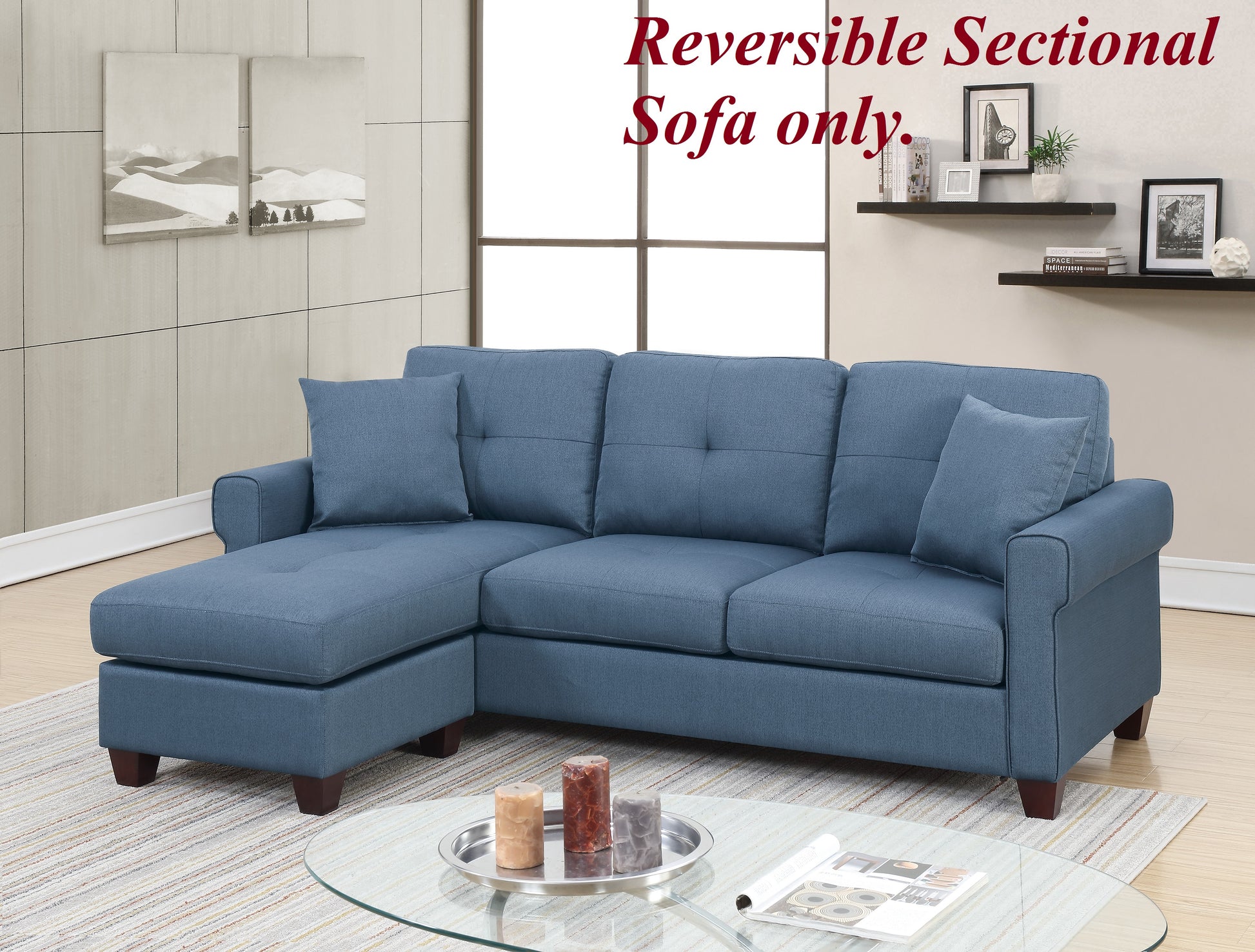 Blue L-Shaped Sectional Sofa - 86" Pine Wood for Living Room
