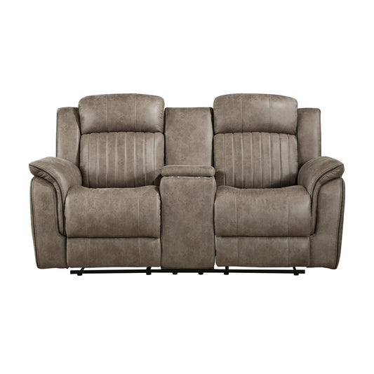 Classic Sandy Brown 1pc Double Reclining Loveseat with Storage Console Cupholder Plush Comfort Pillow-Top Arms Vertical Tufting Solid Wood Luxury Living Room Furniture