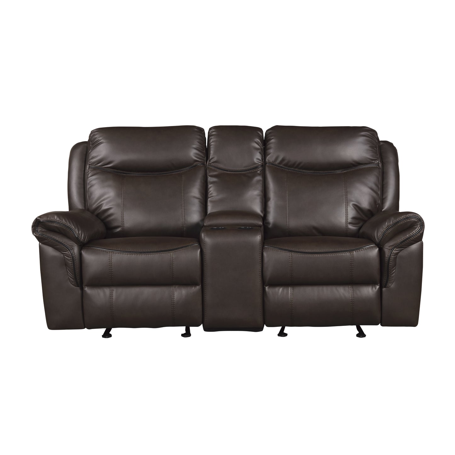 Dark Brown 1pc Double Glider Recliner Loveseat w/ Storage Console Cup Holder, Power Outlets USB Ports Faux Leather Upholstery Plush Seating Living Room Furniture