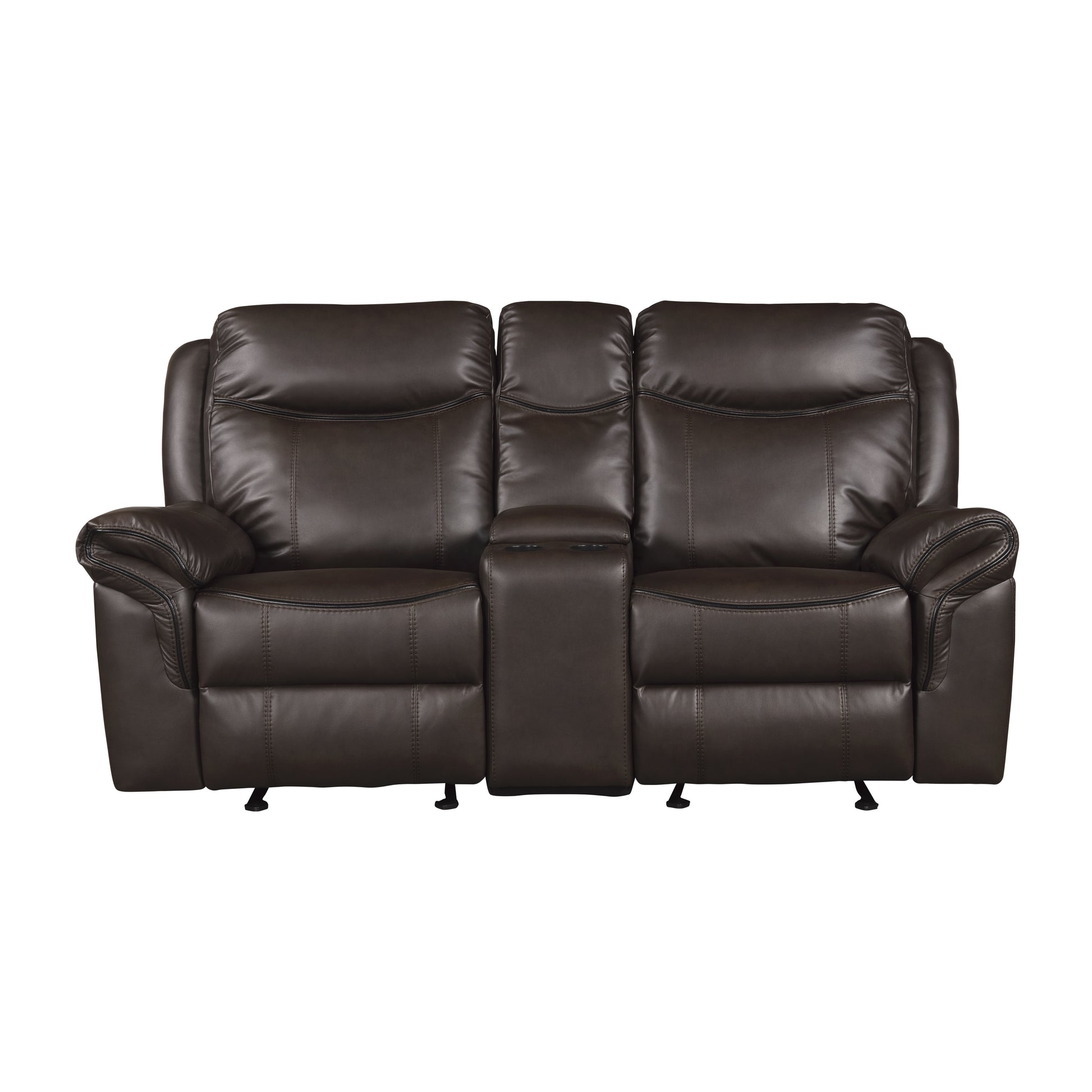Dark Brown 1pc Double Glider Recliner Loveseat w/ Storage Console Cup Holder, Power Outlets USB Ports Faux Leather Upholstery Plush Seating Living Room Furniture