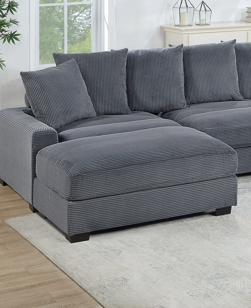 Dark Gray Corduroy Rectangle Ottoman with Legs for Living Room