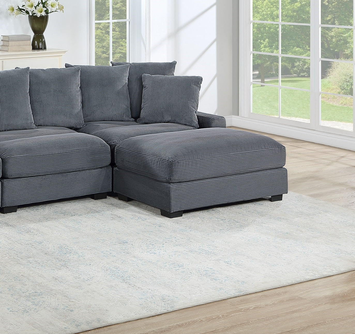 Dark Gray Corduroy Rectangle Ottoman with Legs for Living Room
