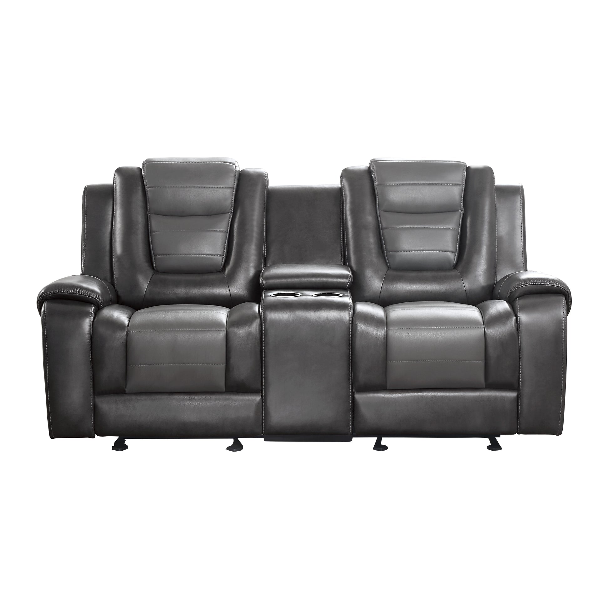 Modern Luxury Loveseat Dual Glider Reclining with Center Console 1pc Formal Living Room Furniture Premium Faux Leather Upholstery Comfortable Two-Tone Gray Finish