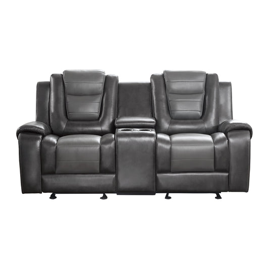 Modern Luxury Loveseat Dual Glider Reclining with Center Console 1pc Formal Living Room Furniture Premium Faux Leather Upholstery Comfortable Two-Tone Gray Finish