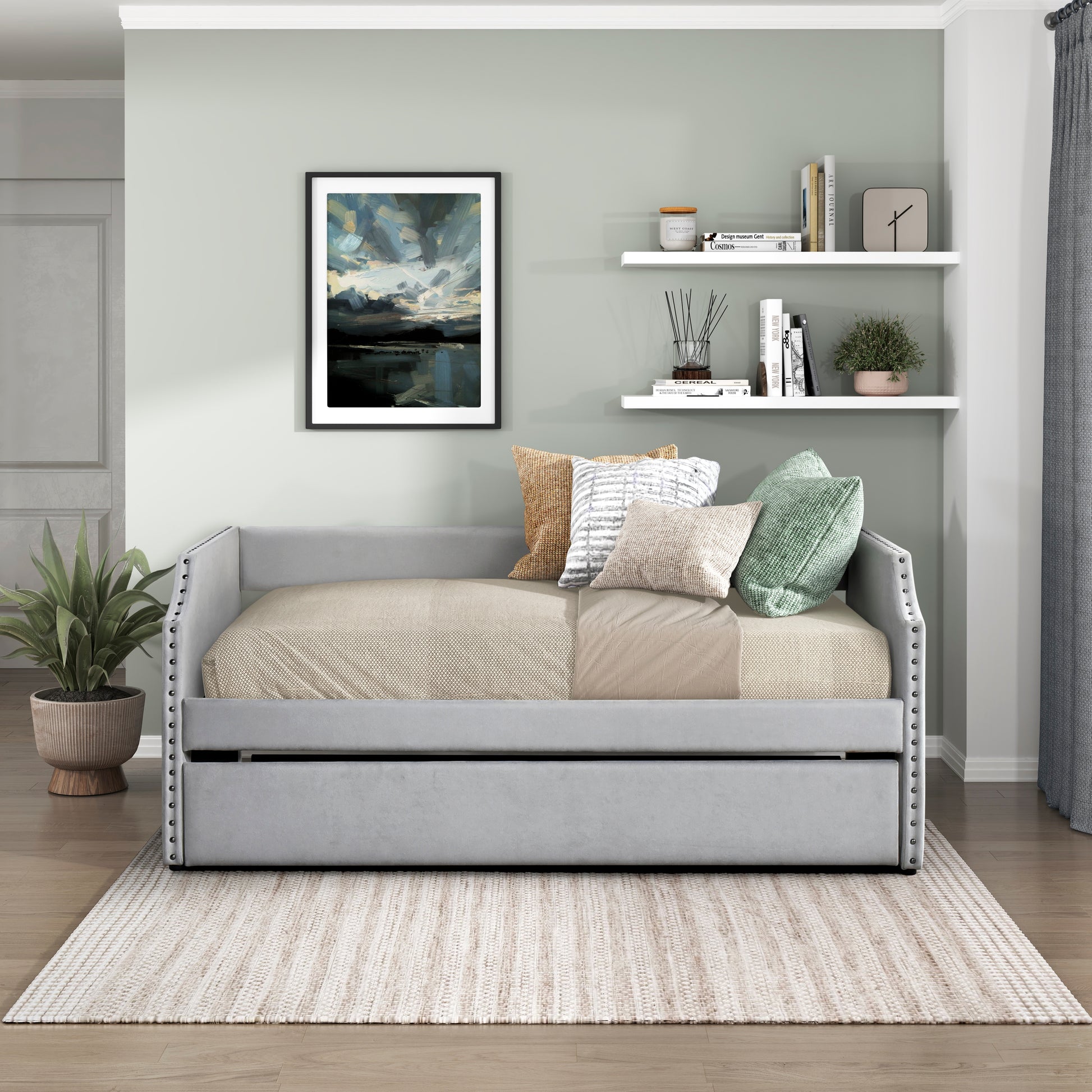 Modern Contemporary Daybed with Trundle Light Gray Textured Fabric Upholstered Wooden Furniture 1pc, Daybed in a Box