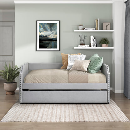 Modern Contemporary Daybed with Trundle Light Gray Textured Fabric Upholstered Wooden Furniture 1pc, Daybed in a Box