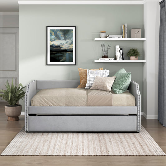 Modern Contemporary Daybed with Trundle Light Gray Textured Fabric Upholstered Wooden Furniture 1pc, Daybed in a Box