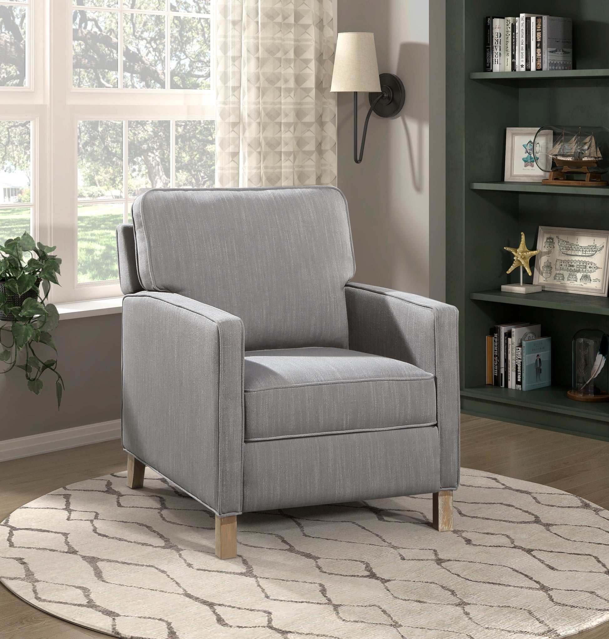 Classic Traditional Push Back Reclining Chair Gray Fabric Upholstery Cushion Seat Solid Wood Furniture 1pc