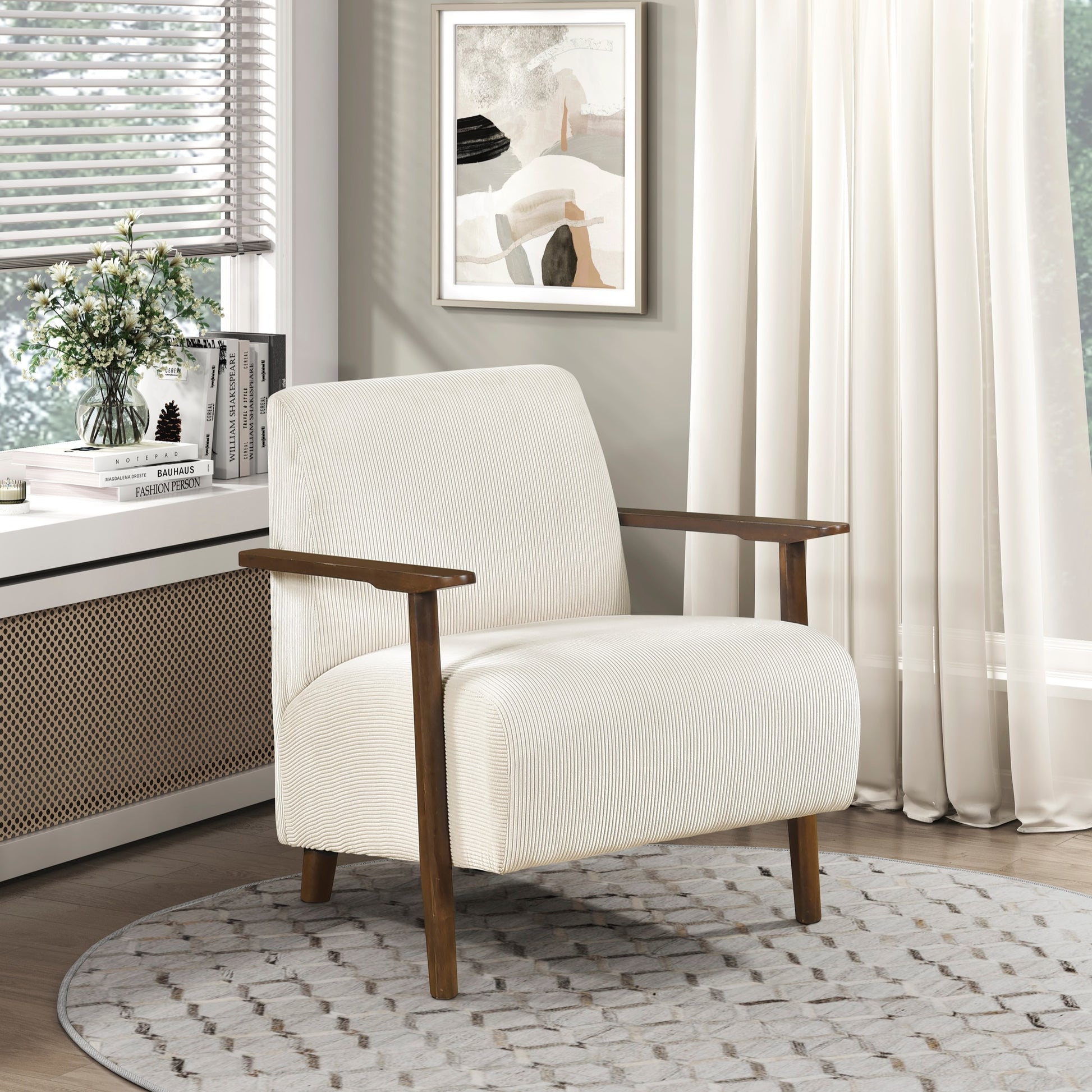 Modern Design 1pc Accent Chair Beige Corduroy Seat Cushions Solid Wood Living Room Furniture