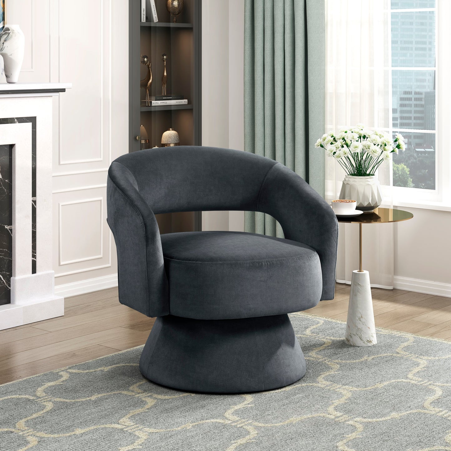 Modern Luxury Swivel Accent Chair 1pc Dark Gray Velvet Upholstery Solid Wood Stylish Home Furniture