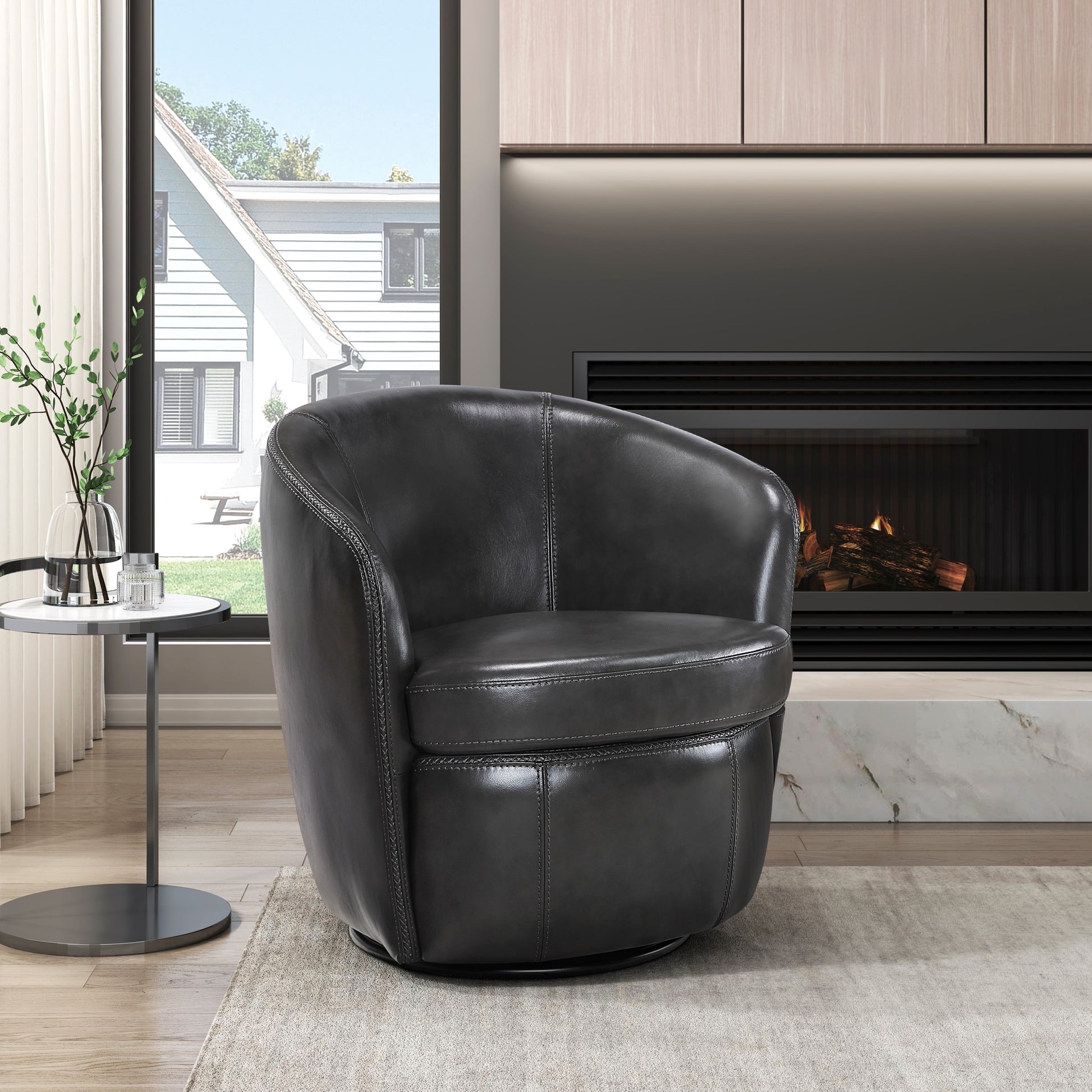 Luxury Living Room Furniture Swivel Chair Gray Top Grain Leather Upholstery Solid Wood 1pc Barrel Back Accent Chair