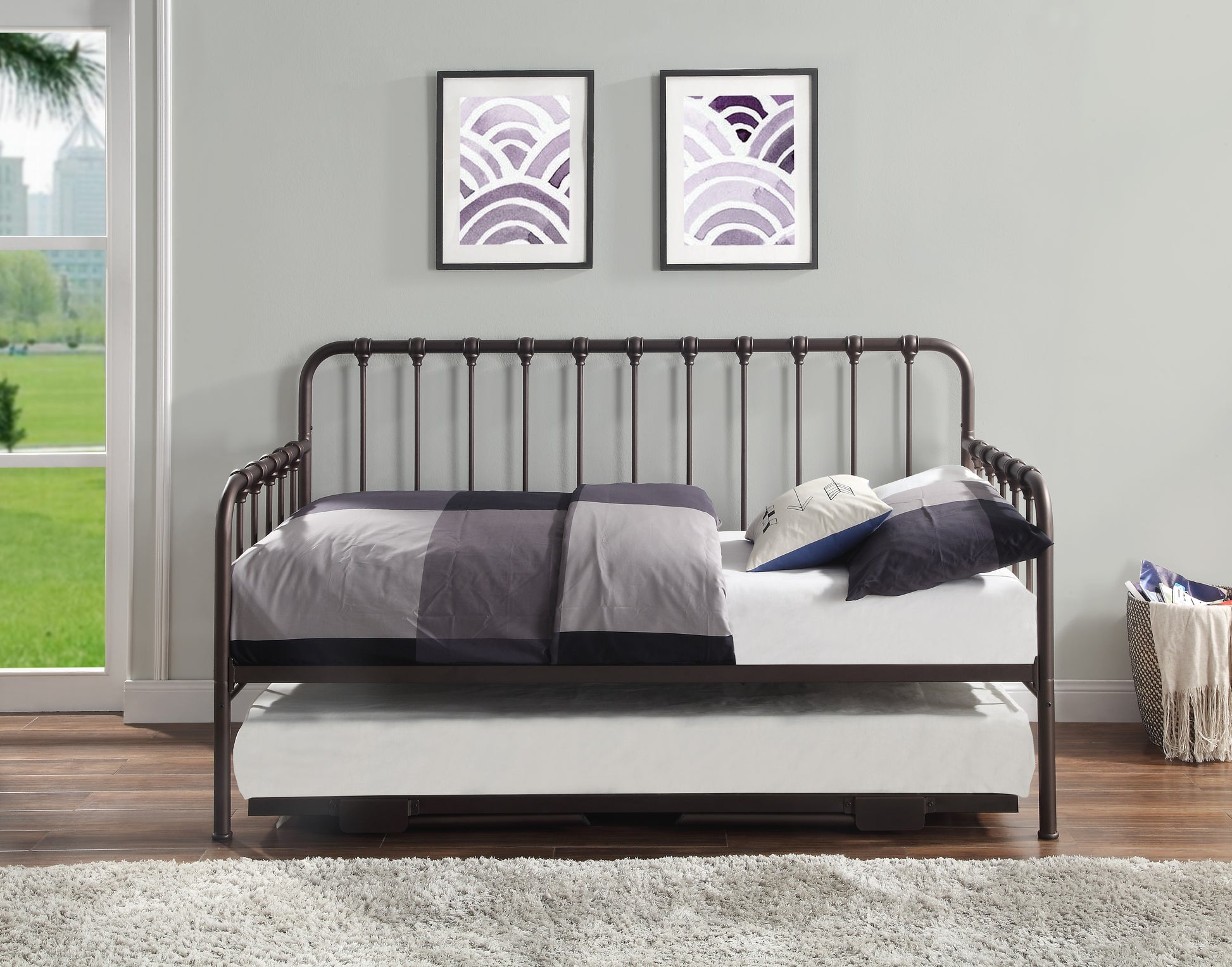 Daybed with Lift-up Trundle 1pc Dark Bronze Finish Metal Frame Classic Design Home Furniture