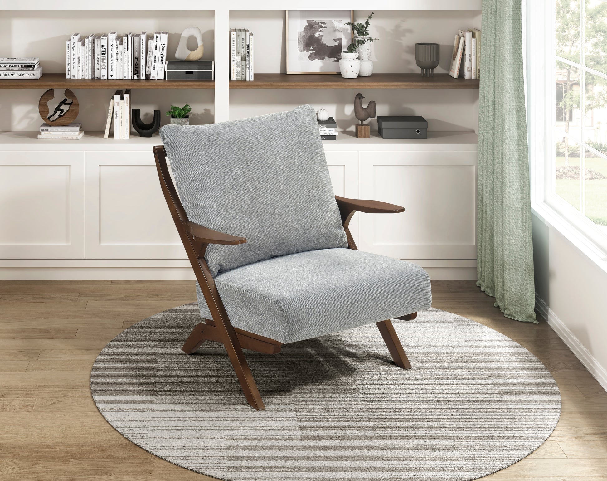 Mid-Century Modern Style Accent Chair 1pc Brown Solid Rubberwood Frame Comfort Seat Cushion Gray Chenille Upholstery Living Room Furniture