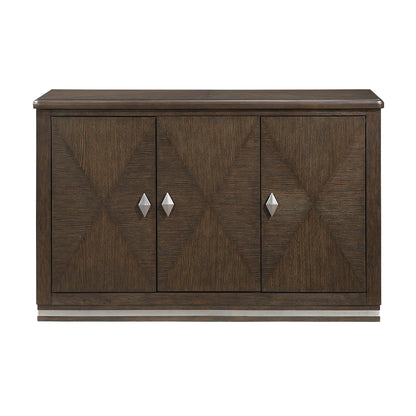 Modern Brown Finish Functional Server with 3 Cabinets Adjustable Shelf Durable Metallic Accent Base Wooden Dining Furniture 1pc