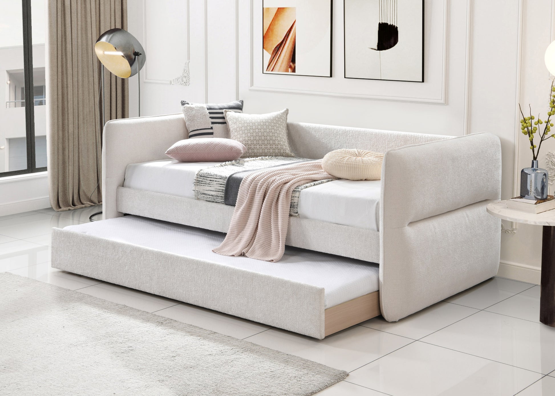 Luxurious 1pc Modern Daybed Pull Out Trundle Button Tufted Nailhead Trim Bedroom Living Room Furniture Oatmeal Finish