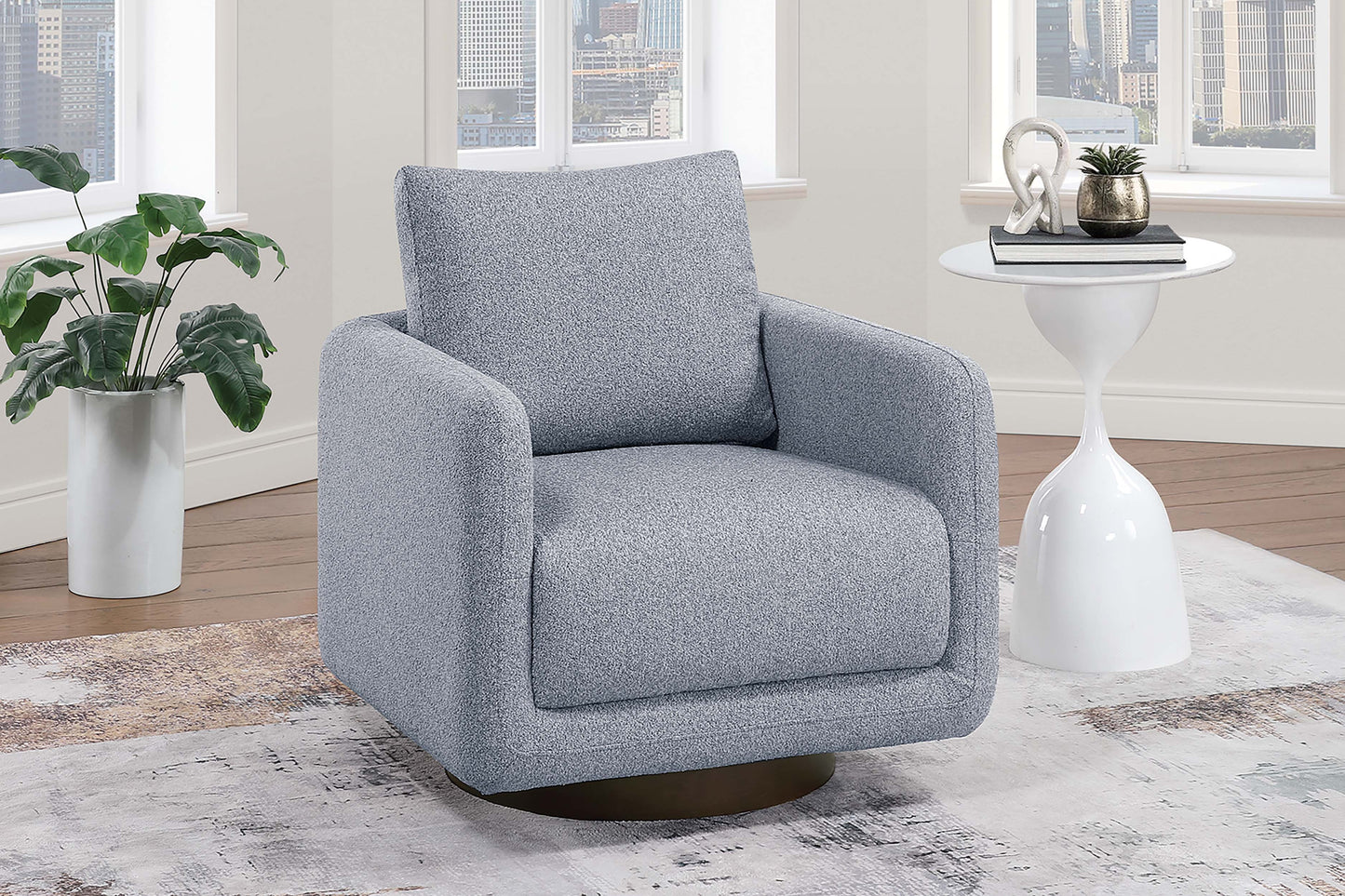 Modern Gray Boucle Fabric 1pc Swivel Accent Chair Upholstered Living Room Cushion Chair Wooden Base