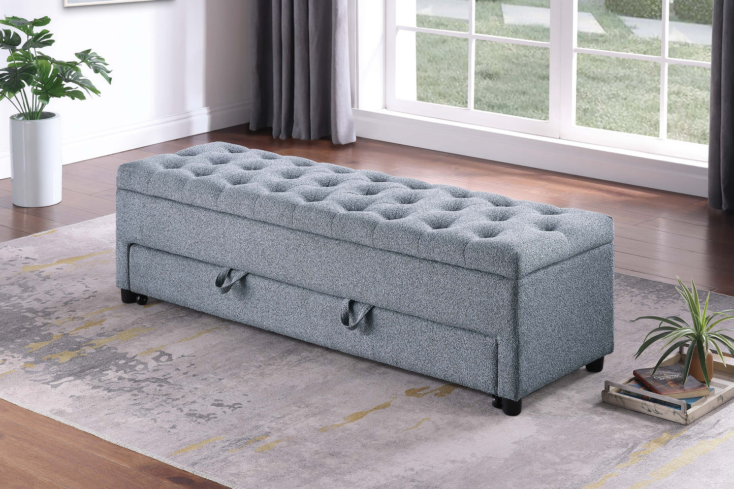 Gray Rectangle Storage Ottoman 60" W Boucle Fabric