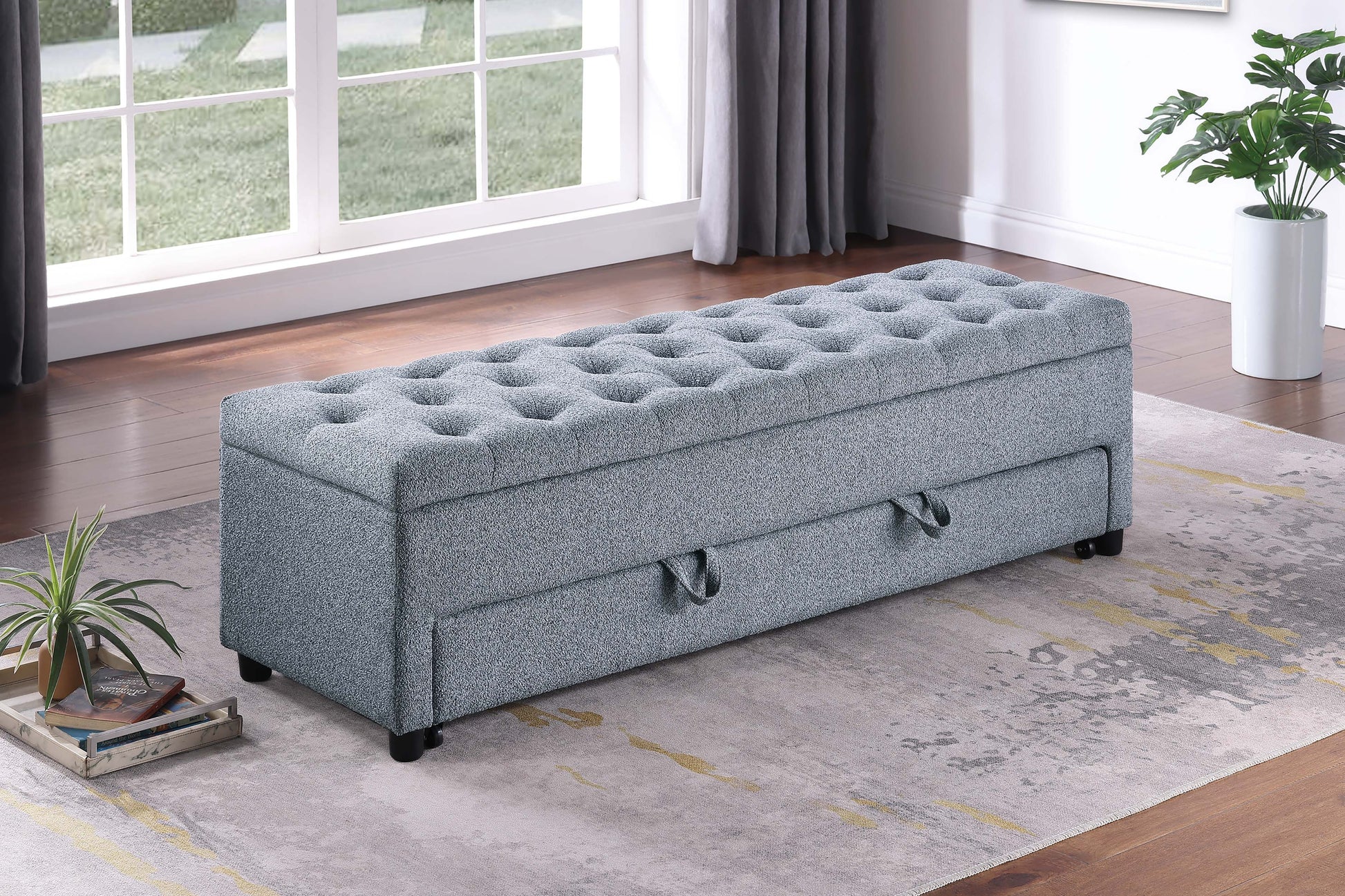 Gray Rectangle Storage Ottoman 60" W Boucle Fabric